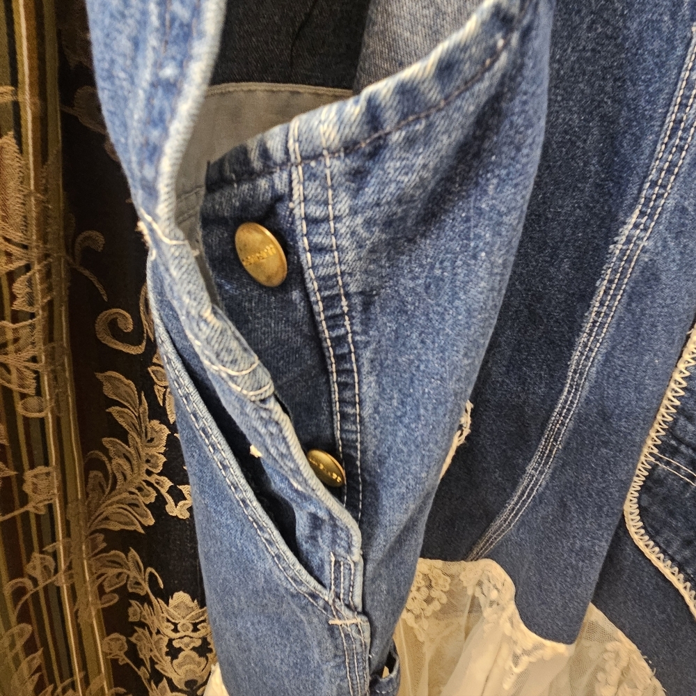 Free People Carhartt Blue Denim Overall Dress with Cream Lace, Handmade - Picture 3 of 8
